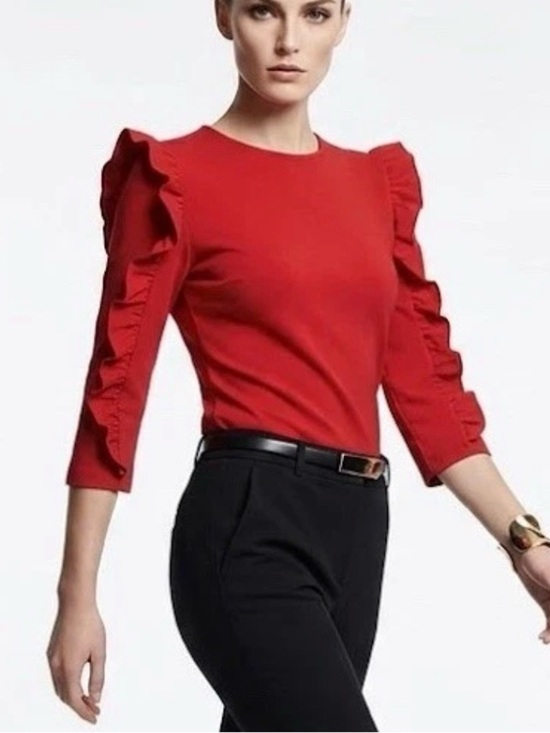 Zara Tops - NEW Zara Red Ruffle Shoulder Top 3/4 Sleeve Red Minimalist Size Small